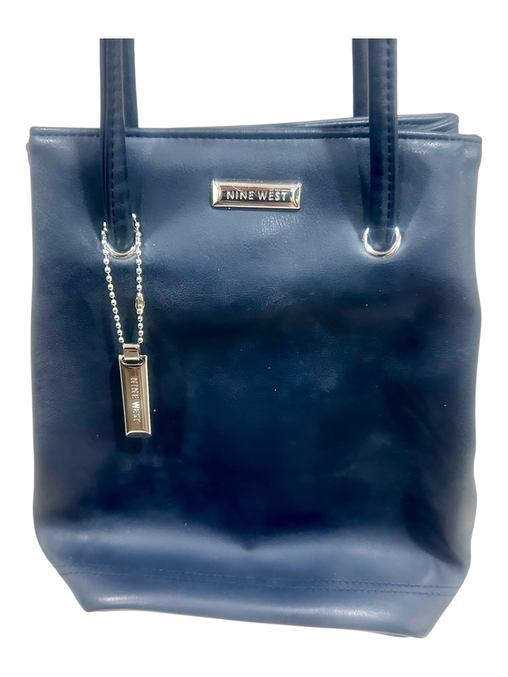 Nine West Navy Leather Top-Handle Tote with Logo Charm
